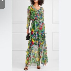 SALONI Multicolor Silk Floral Ruffle Sheer Button Down Summer Maxi Dress Size 4
